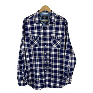 Nautica Men’s Large Blue White Plaid Flannel Button Up Shirt Cotton L/S